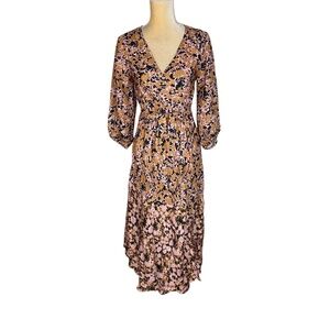 Apiece Apart Womens Small Multi Floral Silk Wrap Midi Dress Tie Waist
